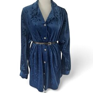 Vintage Diane Von Fustenberg Tunic Long Blue Floral Embossed Velvet Small Blue